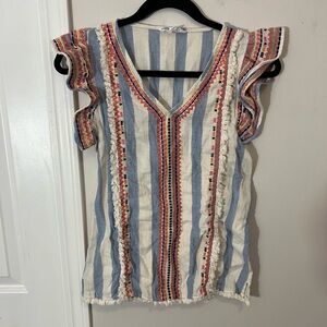 THML Blue & White Striped Embroidered V-Neck Top,small